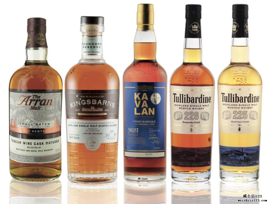 威士忌在传统酒桶（Arran和Tullibardine）和STR酒桶（Kingsbarns和Kavalan）中成熟的例子。