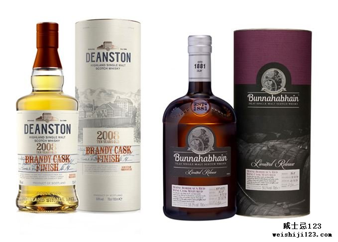 Bunnahabhain 2008波尔多红葡萄酒桶陈酿成熟，Deanston 2008白兰地桶熟成 