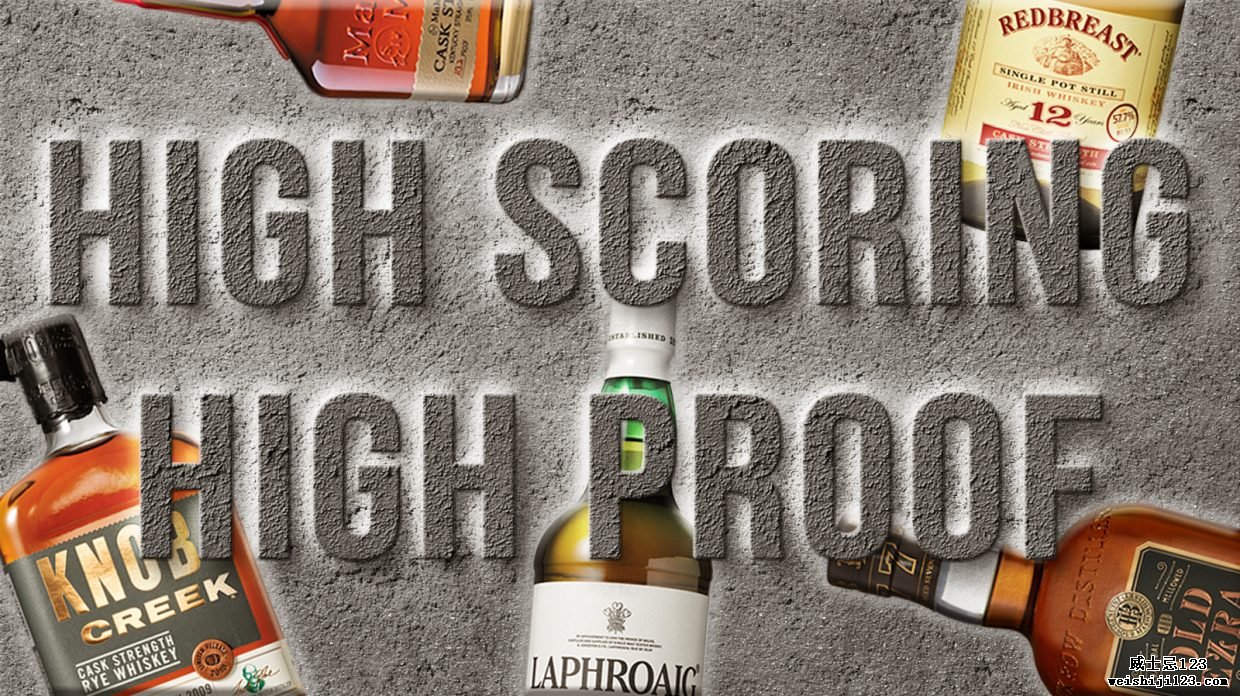 威士忌酒瓶上面覆盖着“High Scoring High Proof”字样