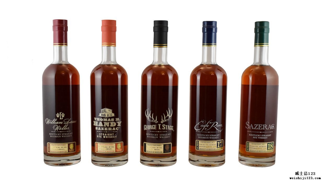 2019 年 Buffalo Trace Antique Collection 的酒瓶阵容，包括 George T. Stagg 波本威士忌、William Larue Weller 波本威士忌、Eagle Rare 17 年威士忌、Thomas H. Handy Sazerac 黑麦和 Sazerac 18 年威士忌
