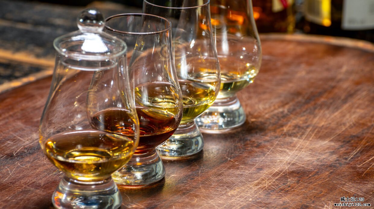 从英国苏格兰酿酒厂的特殊郁金香形玻璃杯中品尝苏格兰威士忌的飞行特写