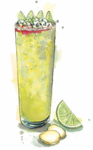 汉娜·乔治 (Hannah George) 的插图描绘了高球杯中的绿色调的“痛苦混蛋”鸡尾酒，玻璃杯底部附近有姜片和酸橙块。