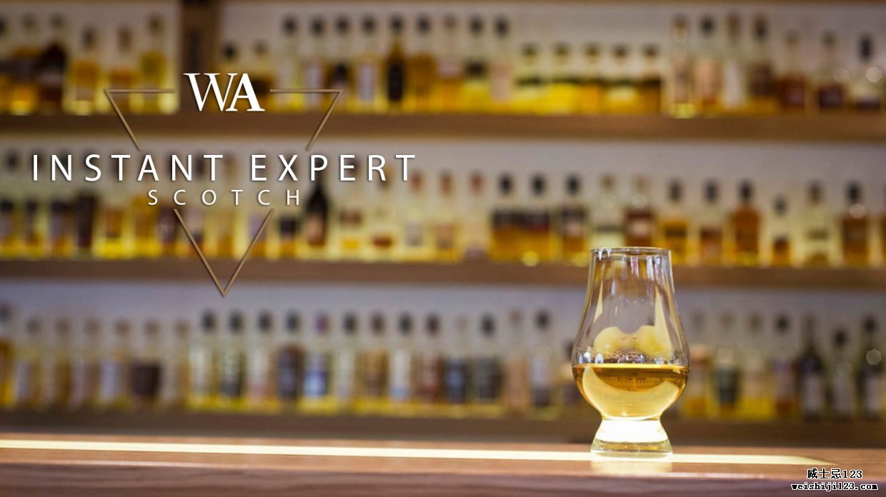 Glencairn 一杯苏格兰威士忌，放在一个瓶子架子前，上面写着“Instant Expert Scotch”和威士忌倡导者标志。