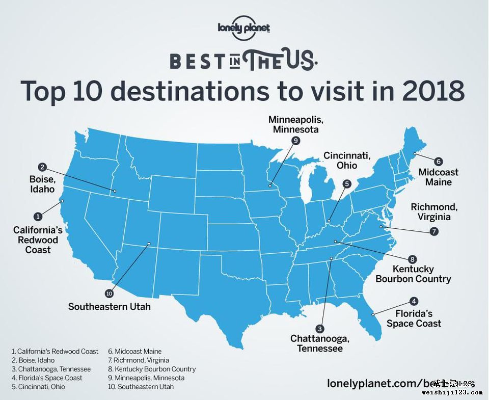 Lonely Planet 2018 年美国最佳地区前十名（按地点）。