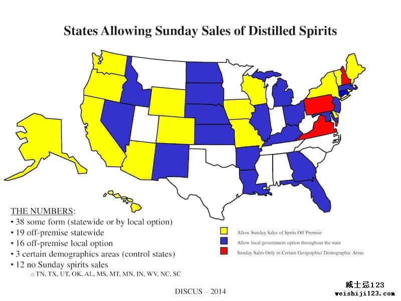 最近的州地图和相关的蓝色法律。 （图片来自美国蒸馏酒委员会）