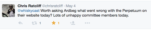 克里斯·拉特利夫 (Chris Ratliff) 关于 Ardbeg 网站问题的 Twitter 问题。 图片由推特提供。