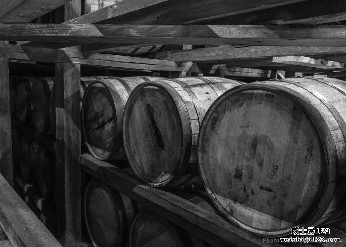路易斯维尔 Stitzel-Weller 酿酒厂仓库中的波本酒桶。 照片 © 2014 年，马克·吉莱斯皮 (Mark Gillespie) 拍摄。