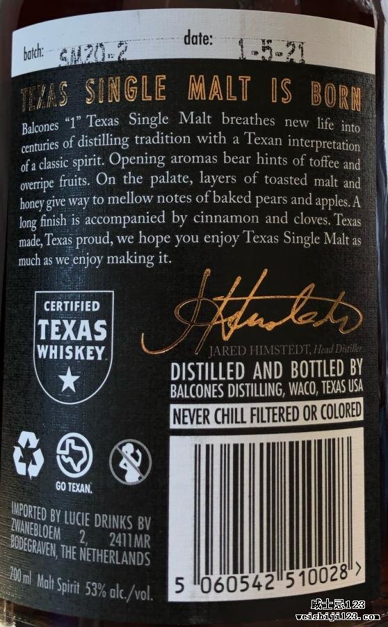 Balcones Texas Single Malt Whisky '1'