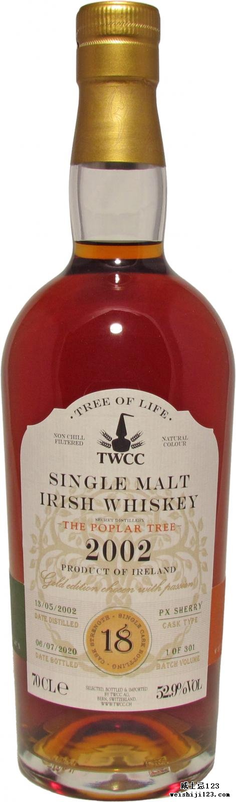 Single Malt Irish Whiskey 2002 - The Poplar Tree TWCC
